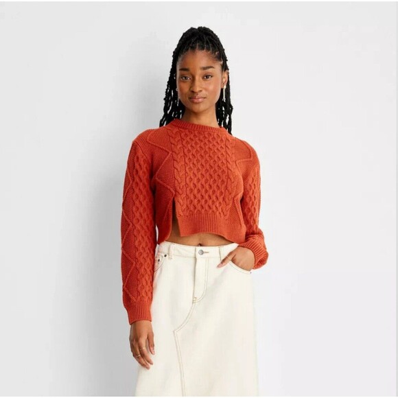 Future Collective Cropped Cable Knit Crewneck Sweater Red Large - Picture 1 of 7